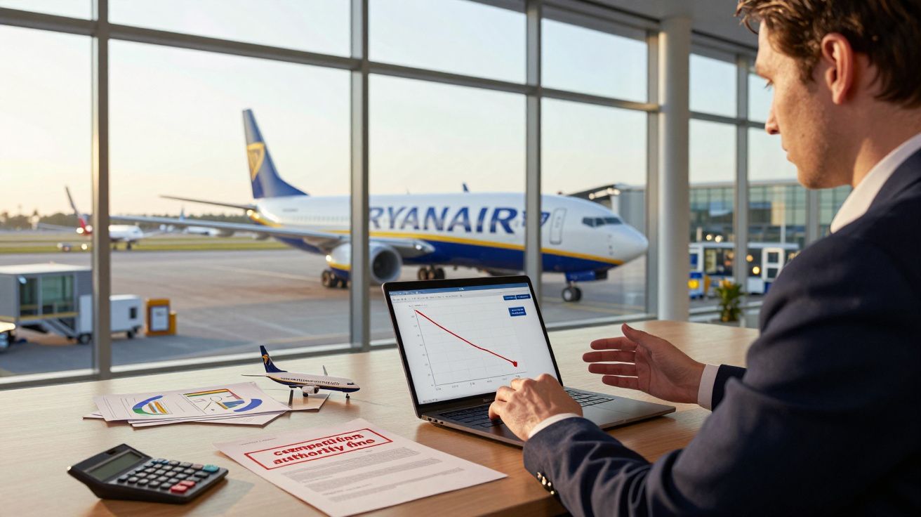 Homem a trabalhar com gráficos num portátil, aviões Ryanair visíveis através da janela do aeroporto.