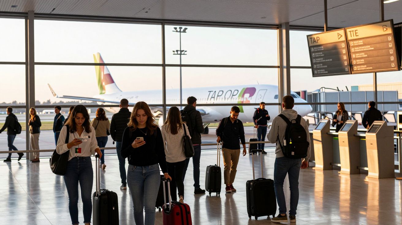 Aeroporto com passageiros a caminhar junto a uma janela grande com avião TAP estacionado no exterior.