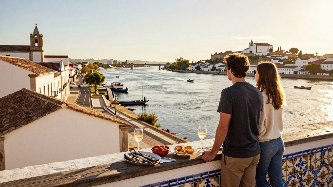 Casal observa rio e aldeia histórica ao pôr do sol, com petiscos e vinho numa varanda decorada com azulejos.