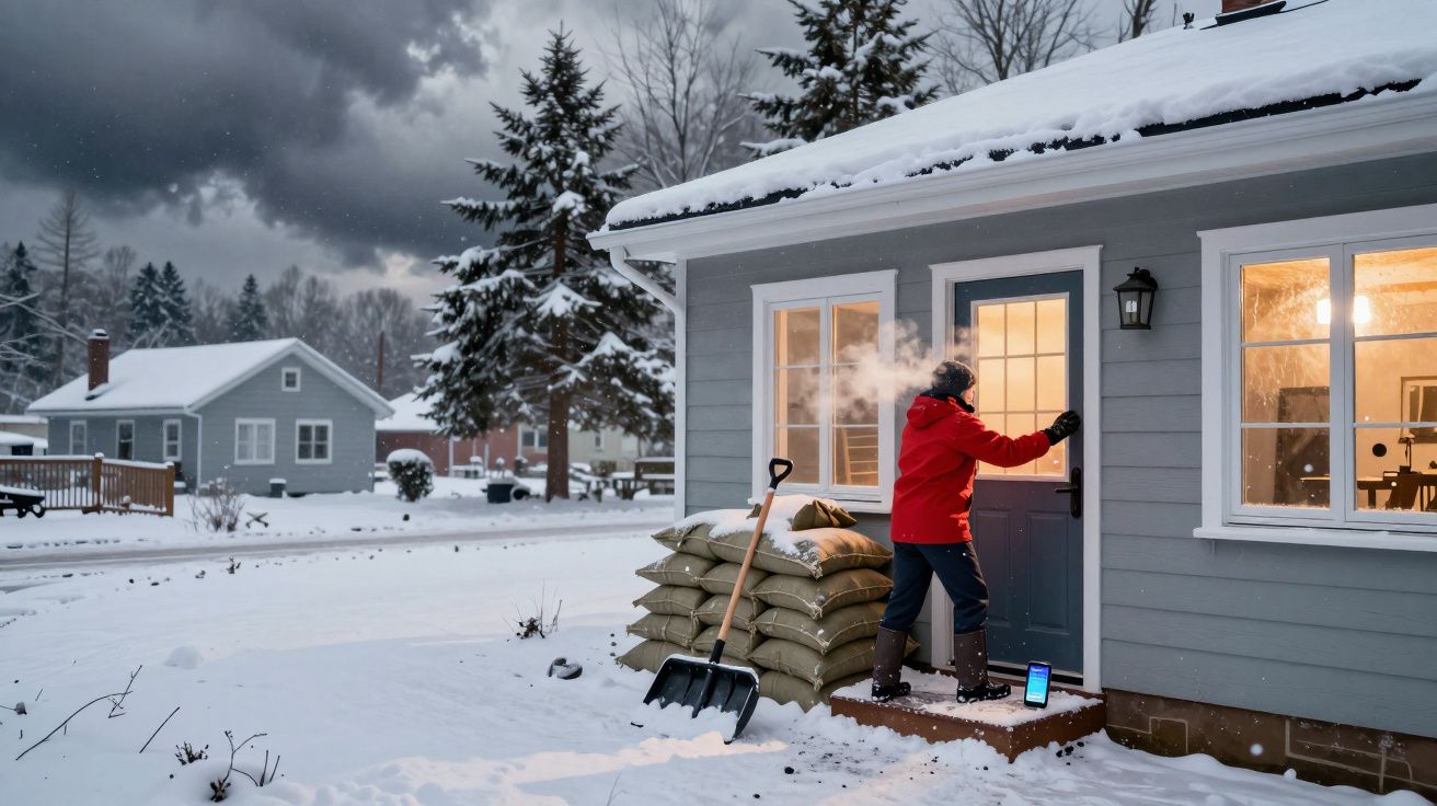 Pessoa de casaco vermelho a tocar à porta de casa com neve no chão e pá de neve encostada a sacos.