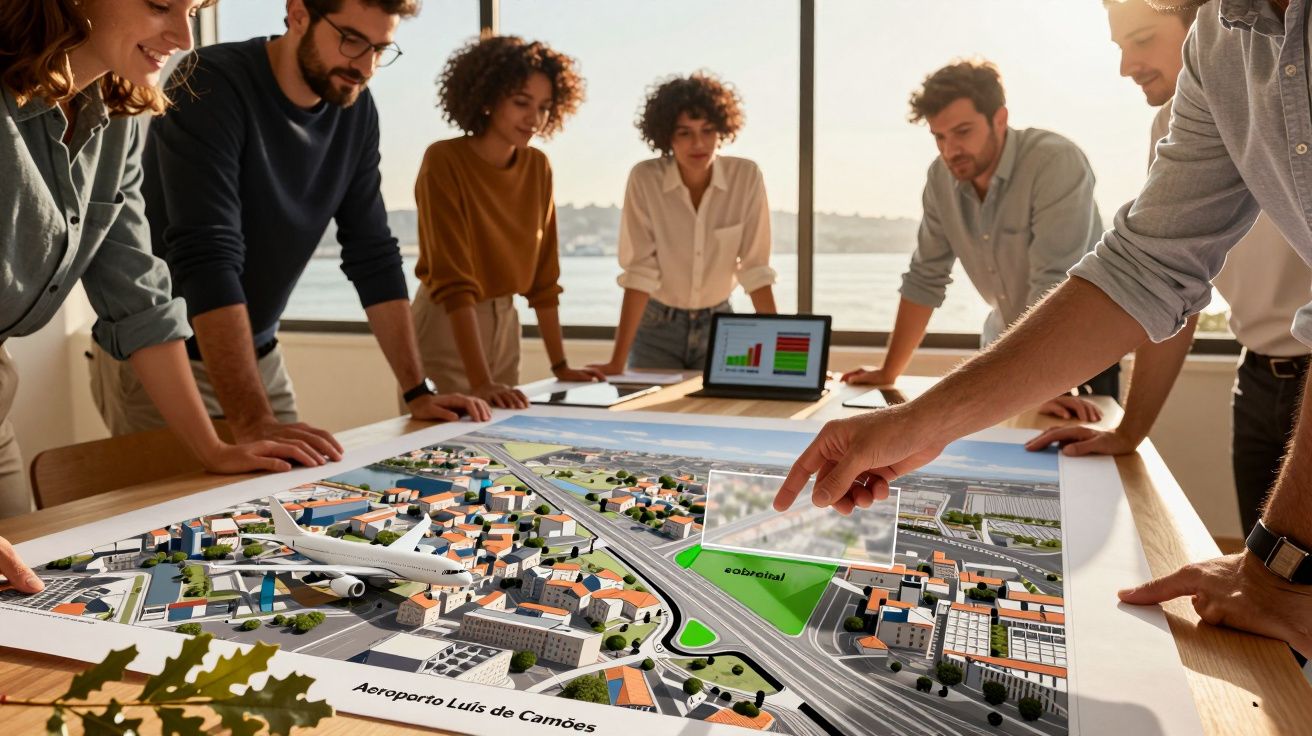 Grupo de pessoas a analisar maquete de aeroporto em sala com vista para o mar.