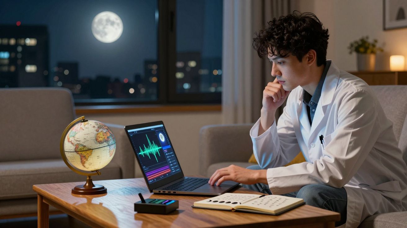 Jovem cientista a trabalhar num computador portátil com gráficos e globo terrestre numa sala à noite com a lua cheia à janela