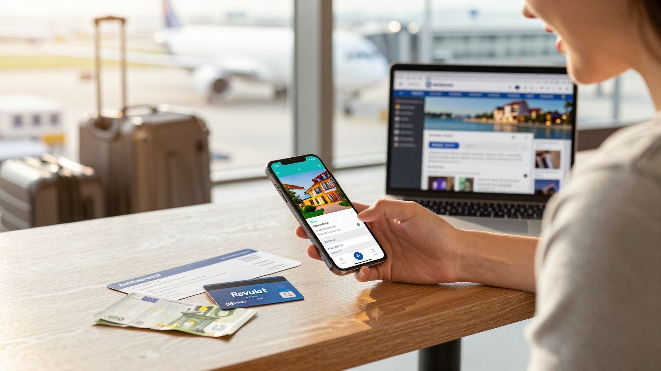 Pessoa no aeroporto com smartphone a consultar aplicação, laptop, dinheiro, cartão e malas em cima da mesa.