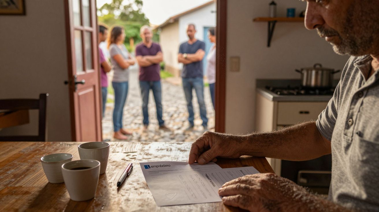Homem lê conta de eletricidade à mesa com três chávenas e pessoas conversam na porta ao fundo.