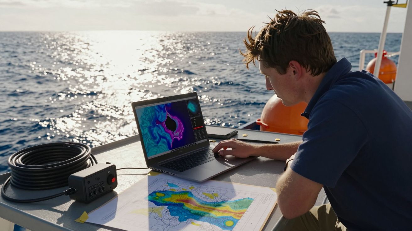 Homem analisa dados oceanográficos num portátil numa mesa com mapa e equipamentos junto ao mar.