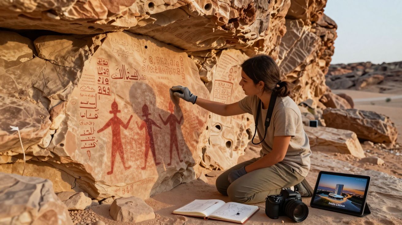 Mulher examina pinturas rupestres e inscrições antigas numa rocha no deserto, com caderno, máquina fotográfica e tablet ao la