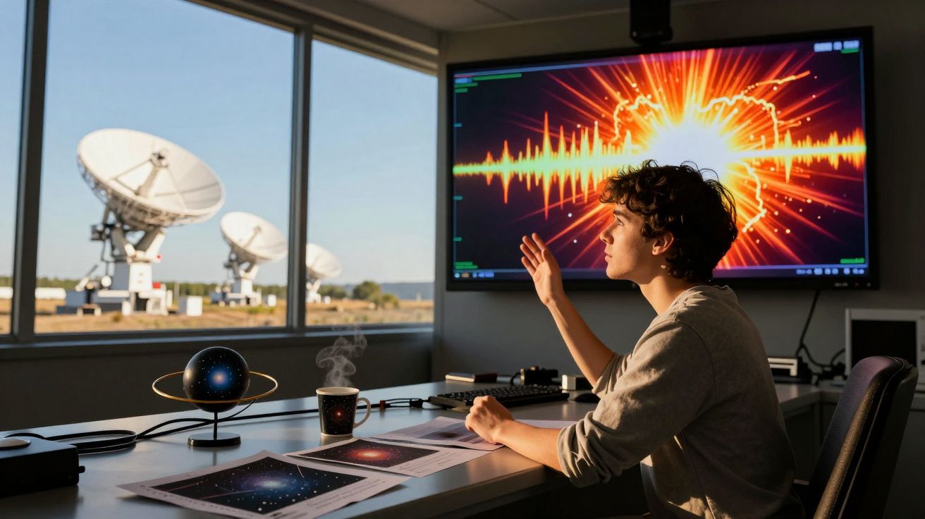 Pessoa a analisar sinal sonoro na tela com antenas parabólicas visíveis através da janela.
