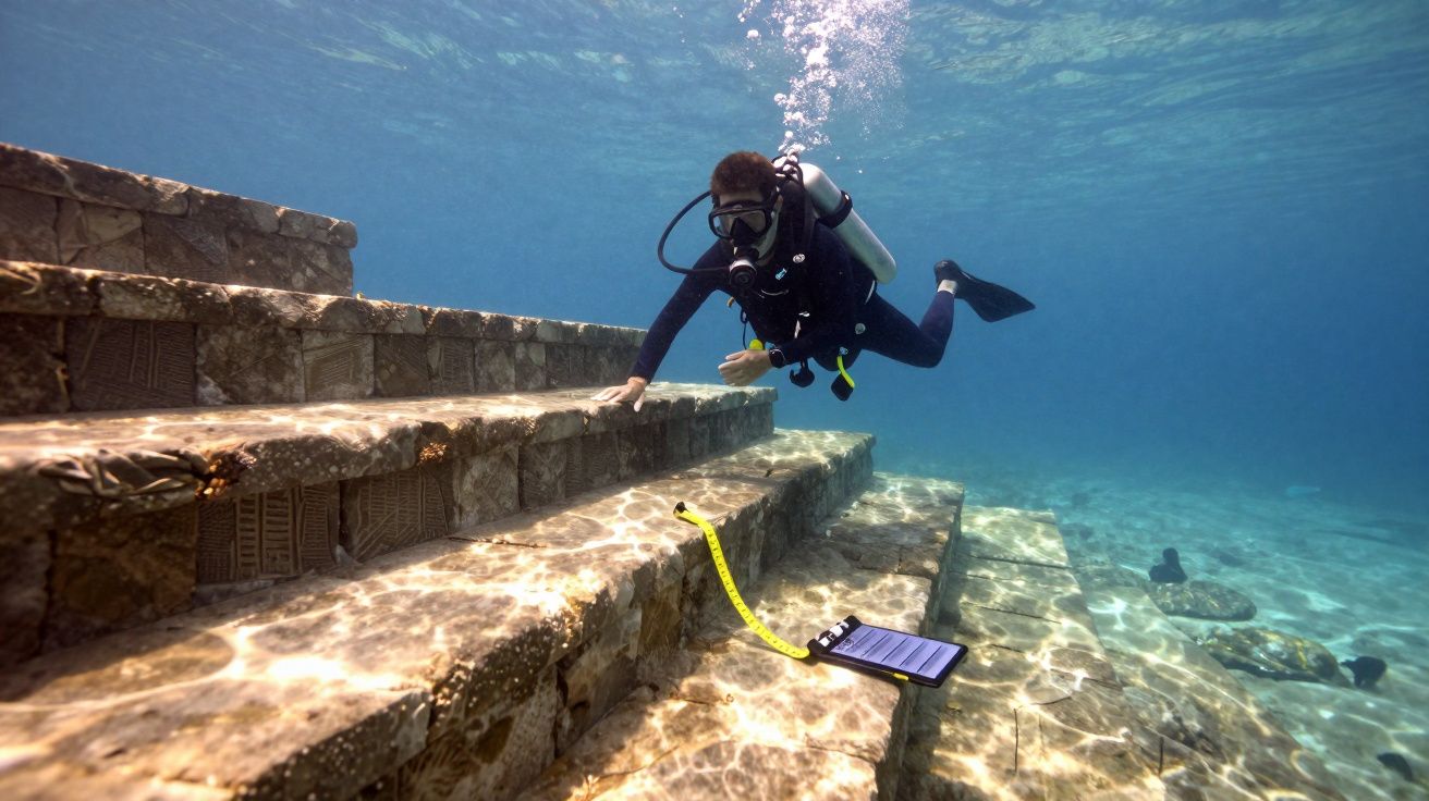 Mergulhador equipado examina escadaria subaquática antiga com prancheta amarela no fundo do mar claro.