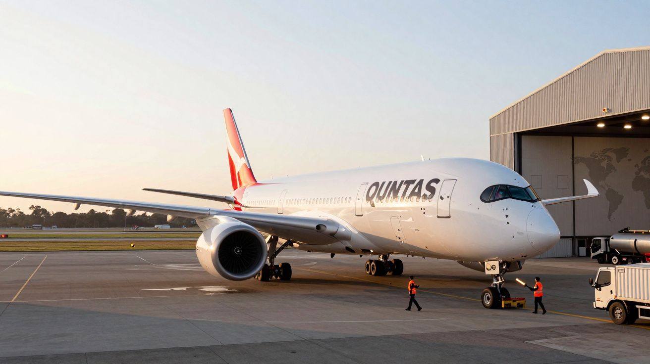 Avião da Qantas no solo do aeroporto com trabalhadores a movimentá-lo perto de um hangar.