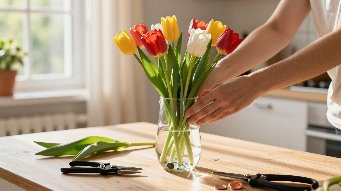 Mãos a arranjar tulipas vermelhas, amarelas e brancas num vaso de vidro numa cozinha iluminada.