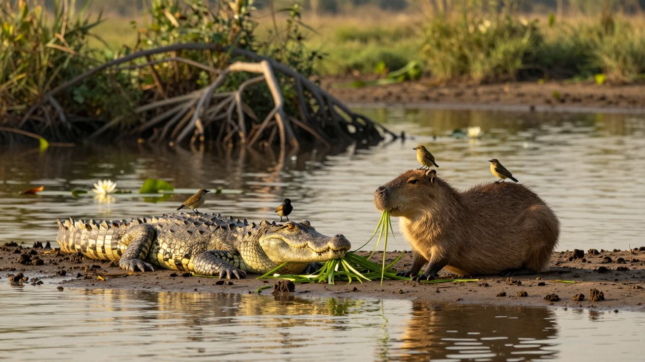 Croco e capivara juntos junto à água com pássaros em ambos no ambiente natural pantanoso.