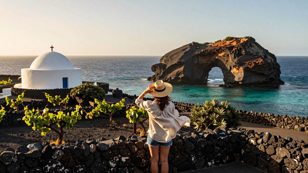 Mulher de chapéu observa paisagem costeira com igreja branca e formação rochosa no mar ao pôr do sol.