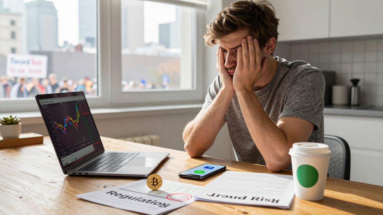 Homem preocupado a olhar para gráficos financeiros no computador e documentos sobre risco e regulação.