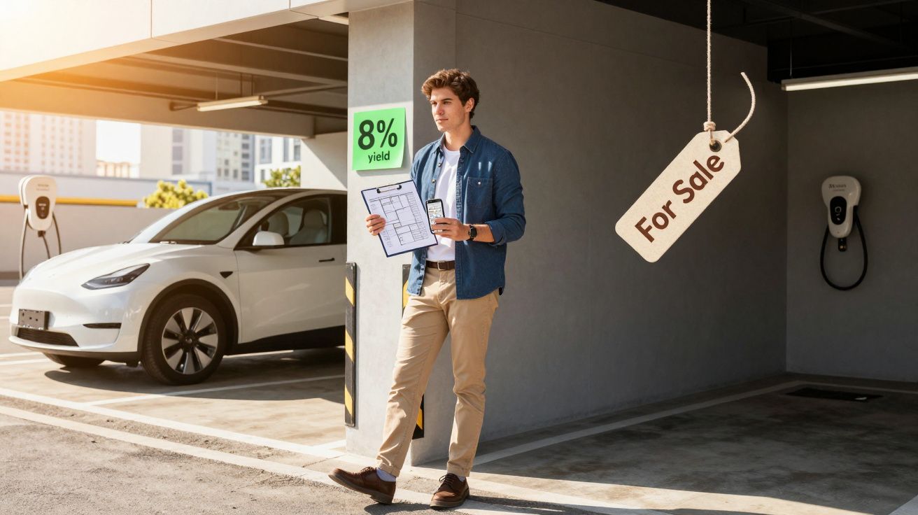 Homem junto a carro elétrico branco numa garagem, segurando planta e smartphone, com placa de 8% yield e placa de venda.