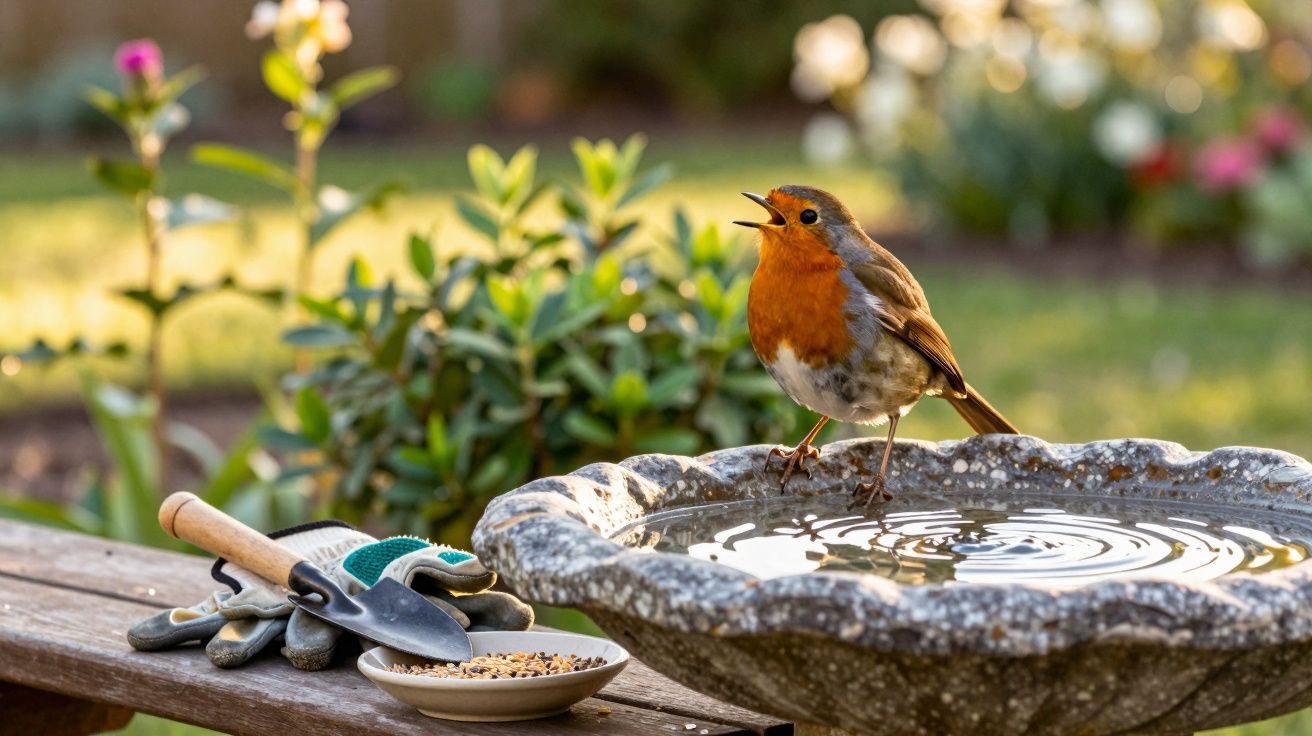 Pássaro com peito laranja a cantar sobre bebedouro de pedra num jardim ao entardecer.