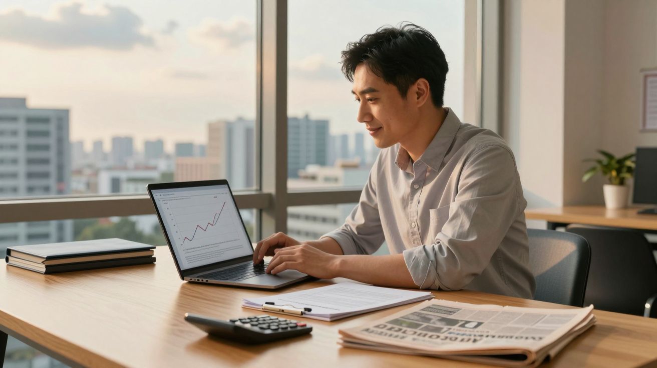 Homem a trabalhar num portátil com gráfico de crescimento, numa mesa com jornais, calculadora e cadernos.