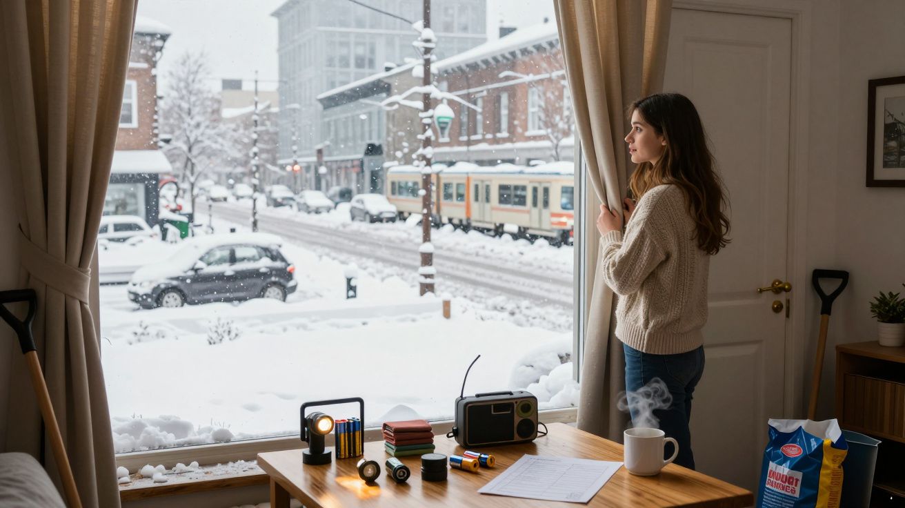 Mulher a olhar pela janela para uma rua coberta de neve, com mesa e objetos domésticos em foco.