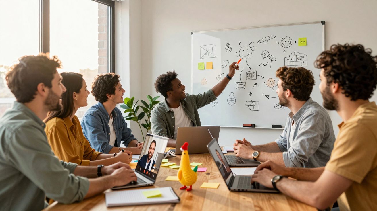 Grupo diversificado em reunião de trabalho, com laptops, discutindo ideias num quadro branco numa sala iluminada.