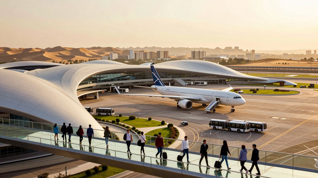 Aeroporto moderno com avião na pista e passageiros a caminhar numa ponte elevada ao pôr do sol.
