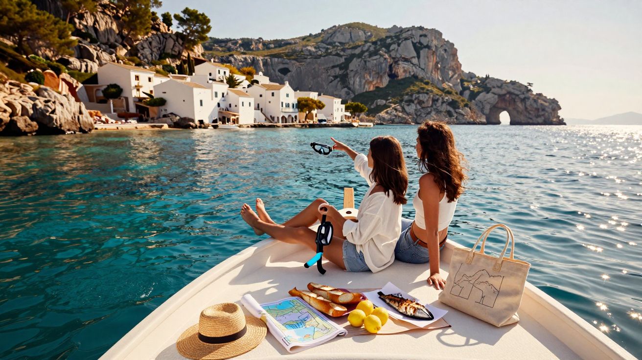 Duas mulheres sentadas na proa de um barco com vila costeira e falésia rochosa ao fundo.