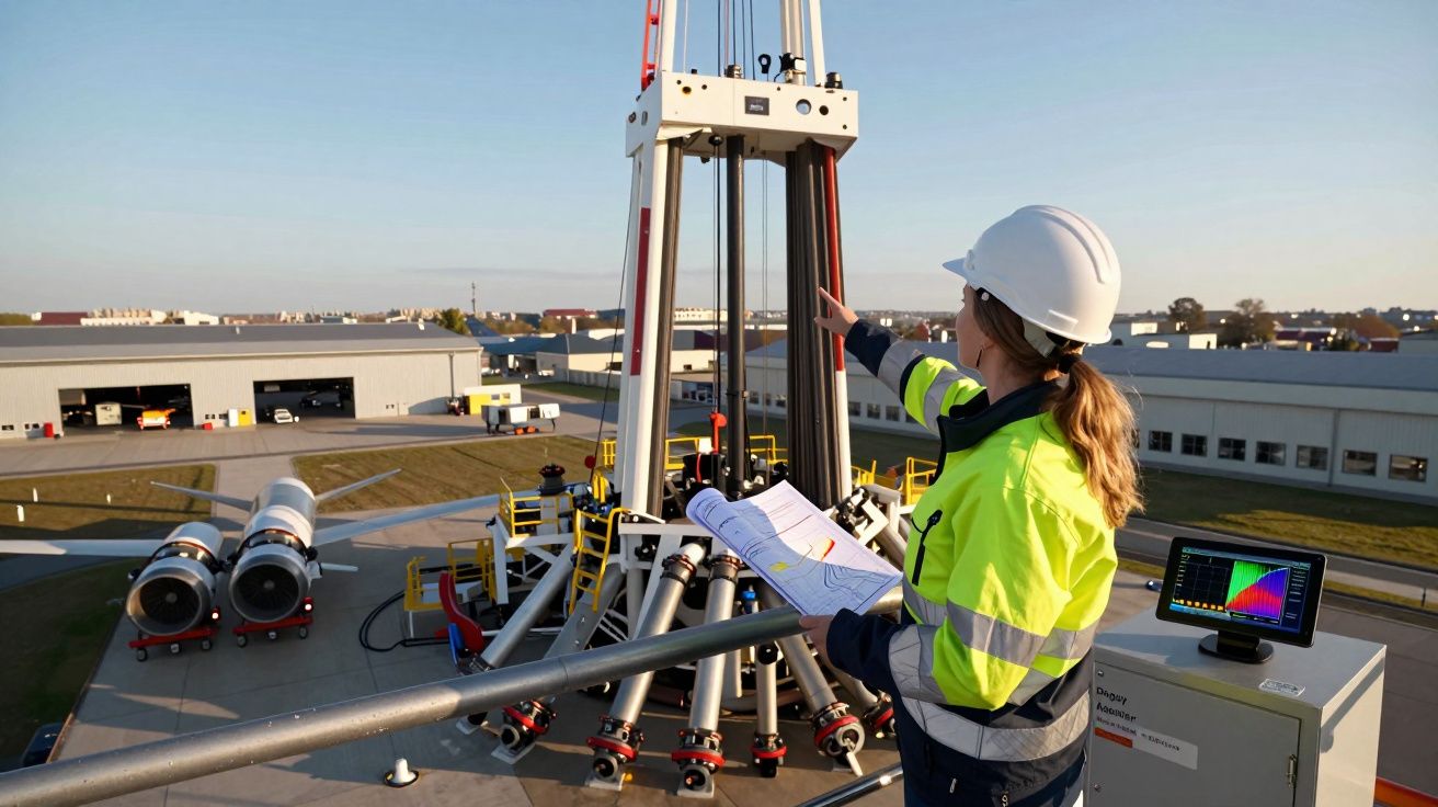 Engenheira com capacete e colete refletor analisa equipamento industrial numa instalação ao ar livre.