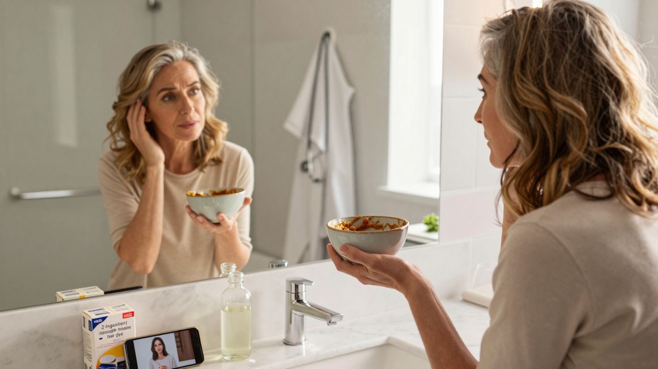 Mulher madura olha-se ao espelho segurando uma tigela, com remédios e telefone na bancada da casa de banho.