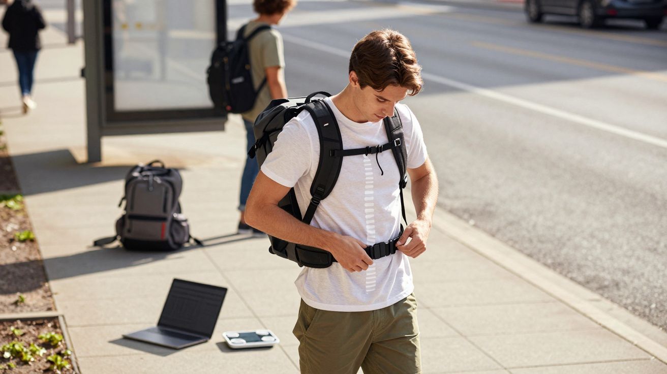 Jovem com mochila ajustando cinto na rua, com mochilas, portátil e balança no chão ao fundo.
