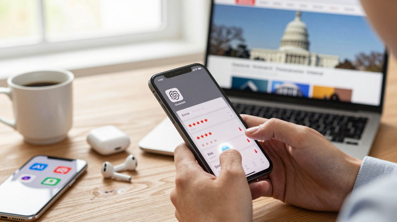 Pessoa a segurar smartphone com app da OpenAI aberto, laptop e acessórios sobre mesa de trabalho junto a janela.