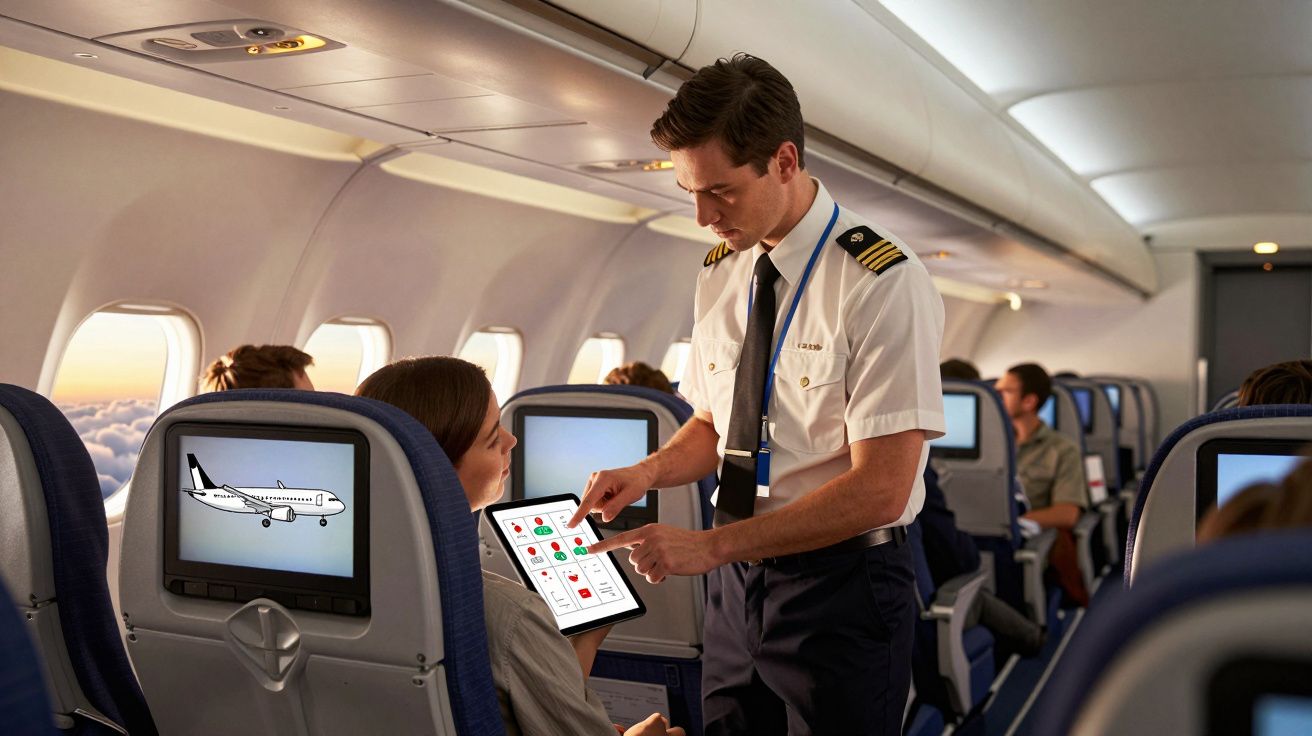 Piloto interage com passageira a bordo de avião, mostrando informações num tablet dentro da cabine.