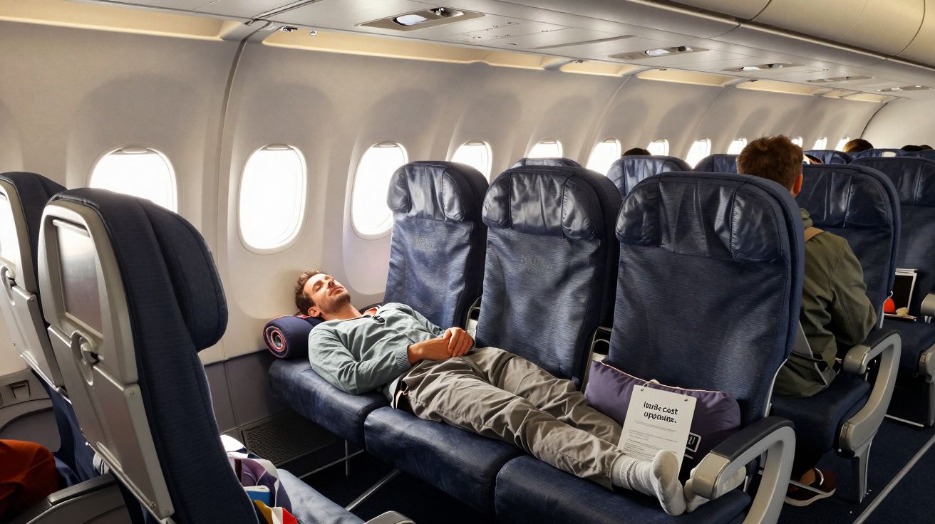 Passageiro a descansar totalmente estendido em três lugares numa fila de poltronas num avião.