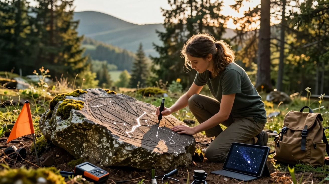 Mulher jovem a gravar símbolos geométricos numa pedra grande ao ar livre em local florestal.