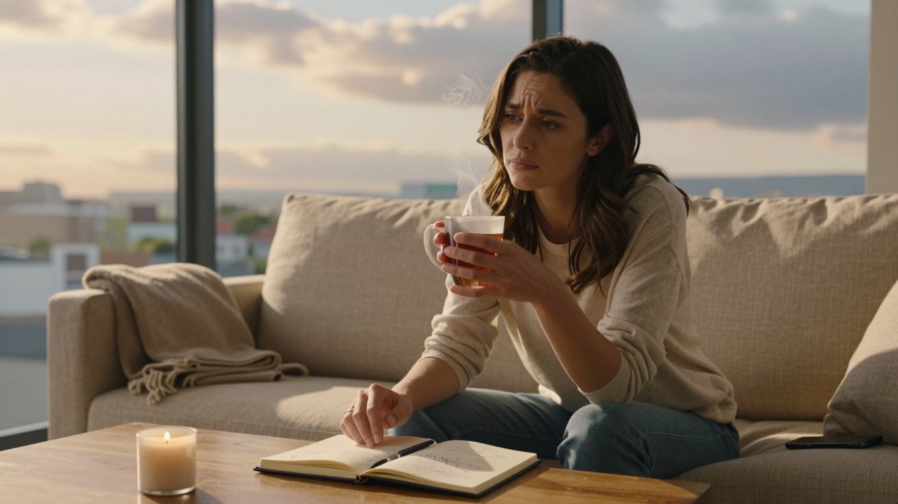 Mulher sentada no sofá, segurando chá e olhando pensativa com caderno aberto à frente.