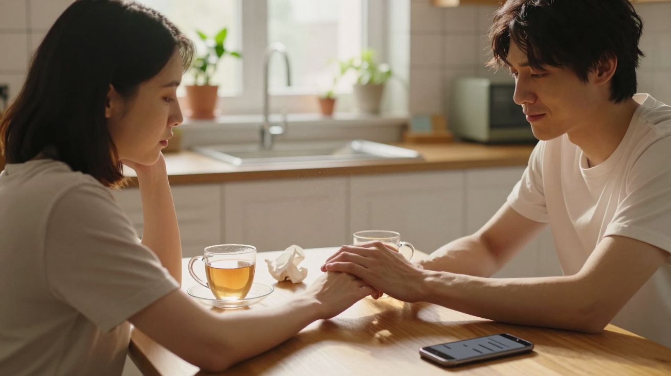 Casal sentado à mesa da cozinha, ele a conforta segurando-lhe a mão, com chá e telemóvel ao lado.