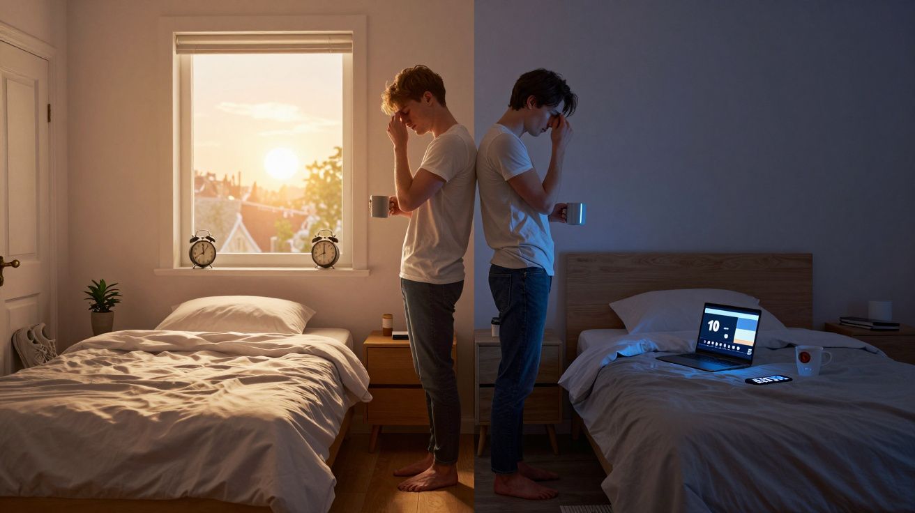 Dois homens em quartos separados, um com luz do dia e outro com luz artificial, parecem pensativos e seguram canecas.