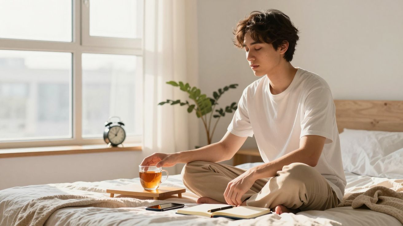 Jovem sentado numa cama, a beber chá, com bloco de notas e telemóvel à sua frente, numa manhã iluminada.