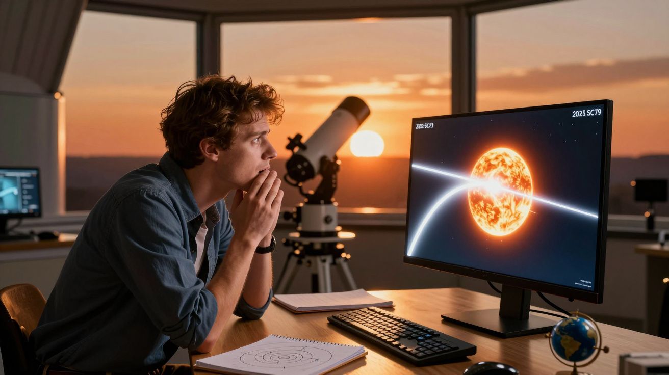 Jovem observa tela com simulação de trajectória de asteroide perto do sol ao pôr do sol, com telescópio ao fundo.