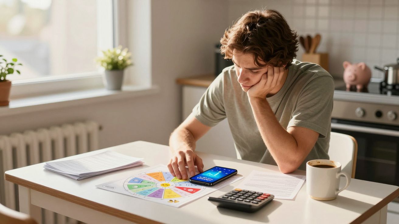 Jovem sentado à mesa com gráficos, calculadora, smartphone e chá, a refletir num ambiente iluminado.