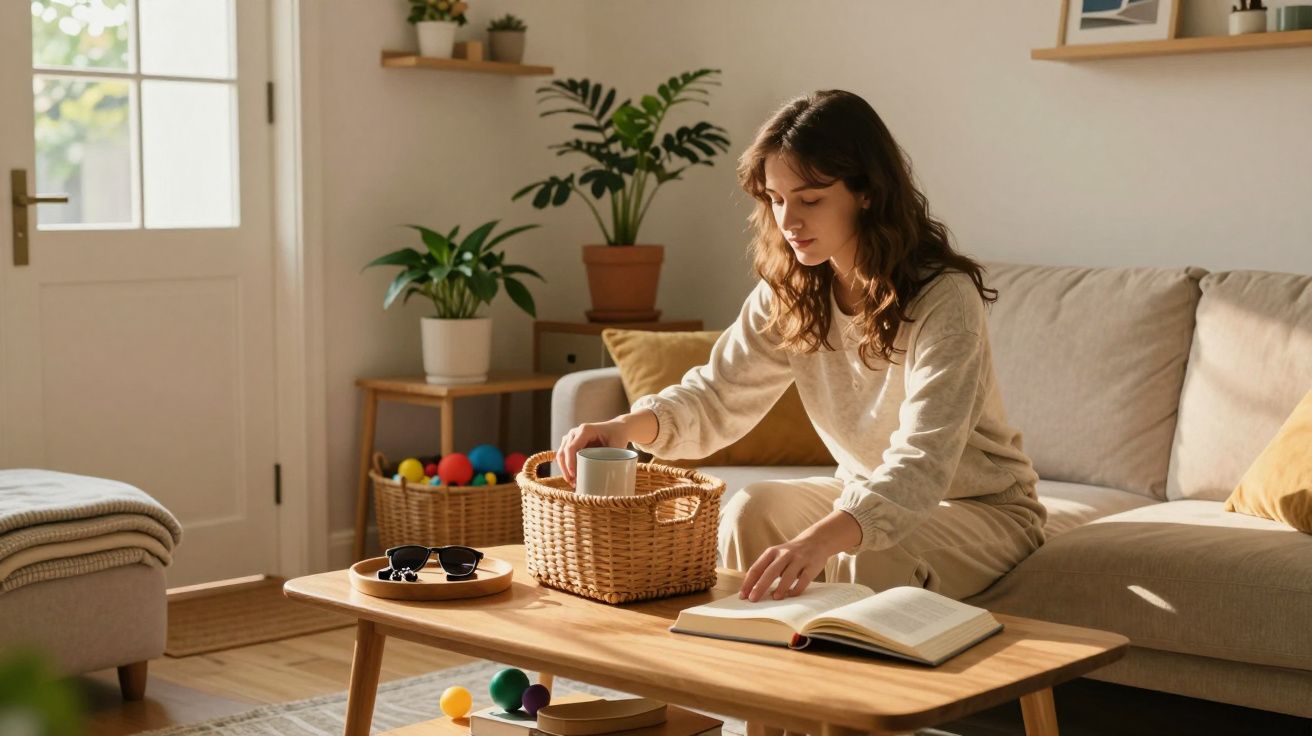 Mulher sentada no sofá a organizar copo numa cestinha, com livro aberto sobre mesa de madeira na sala iluminada.