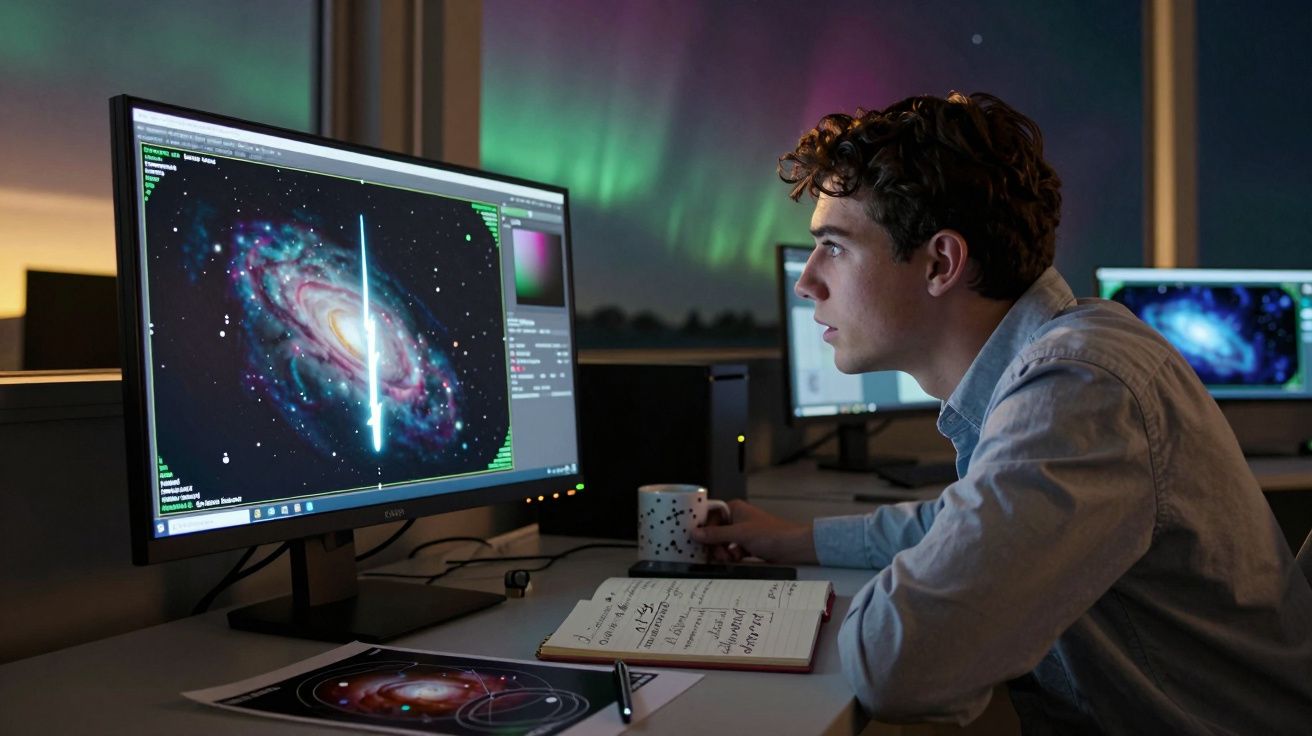 Jovem estudo galáxia no computador com aurora boreal visível na janela em ambiente de trabalho.