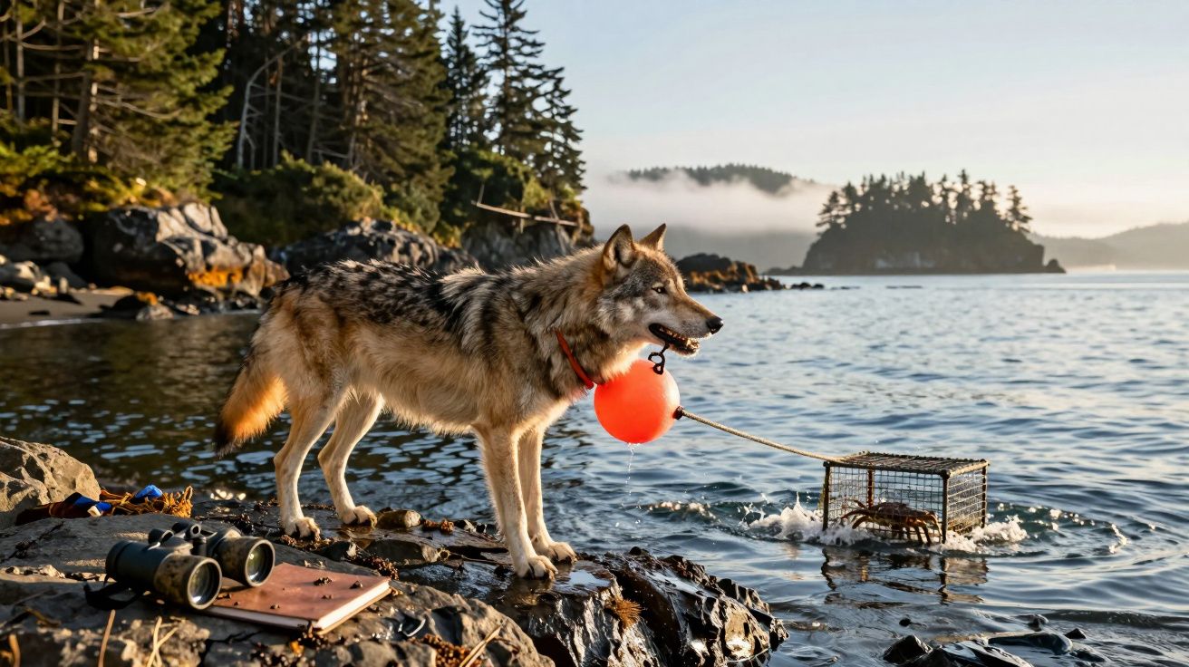 Lobo cinzento com boia vermelha segura armadilha com caranguejo numa margem rochosa junto ao mar e floresta.