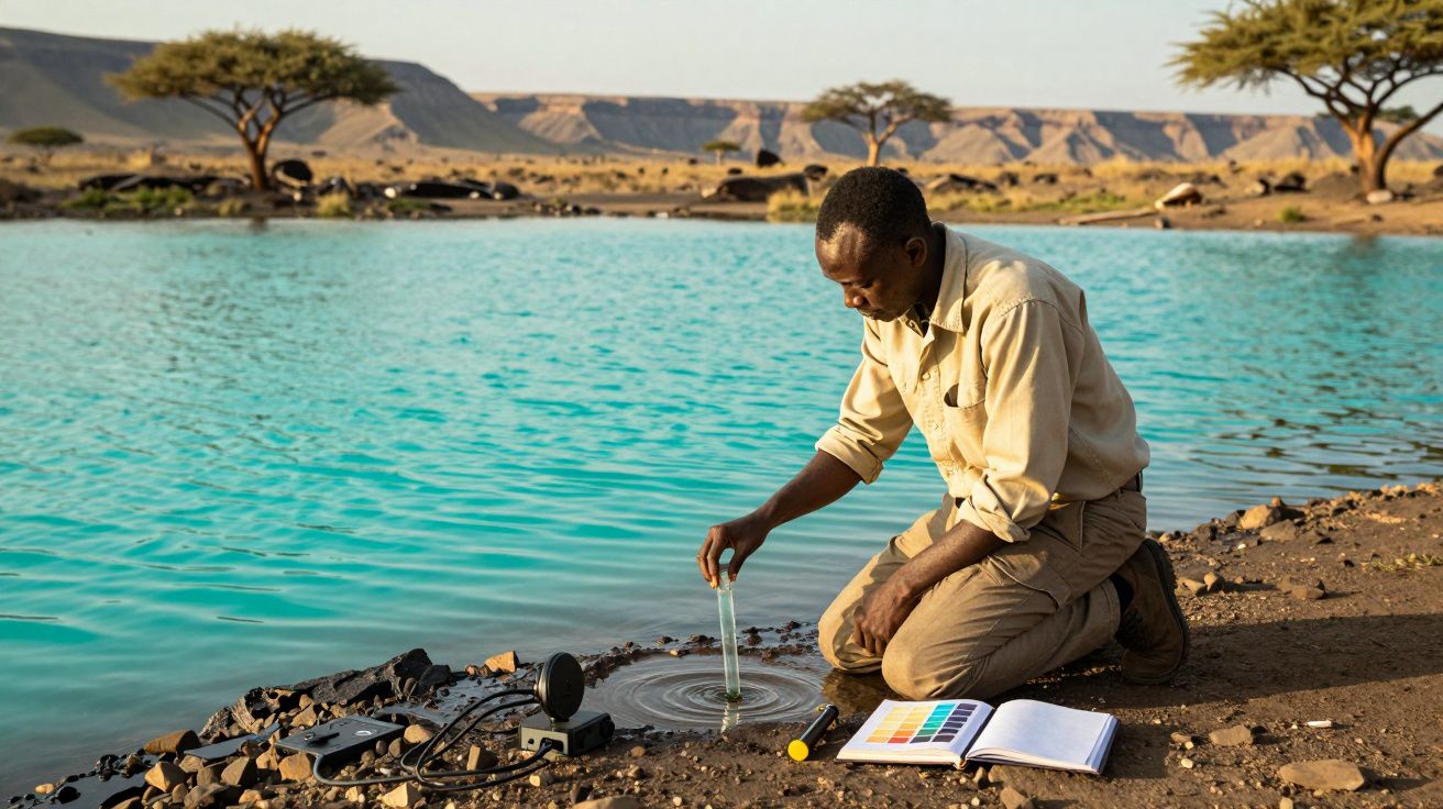 Homem a recolher amostra de água num lago para análise, com equipamento e caderno na margem pedregosa.