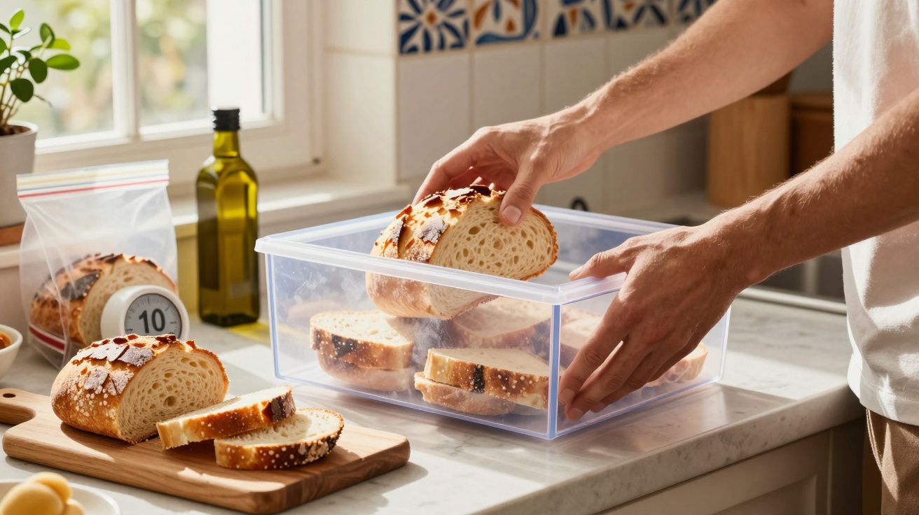 Mãos a guardar fatias de pão num recipiente plástico transparente numa bancada de cozinha iluminada.
