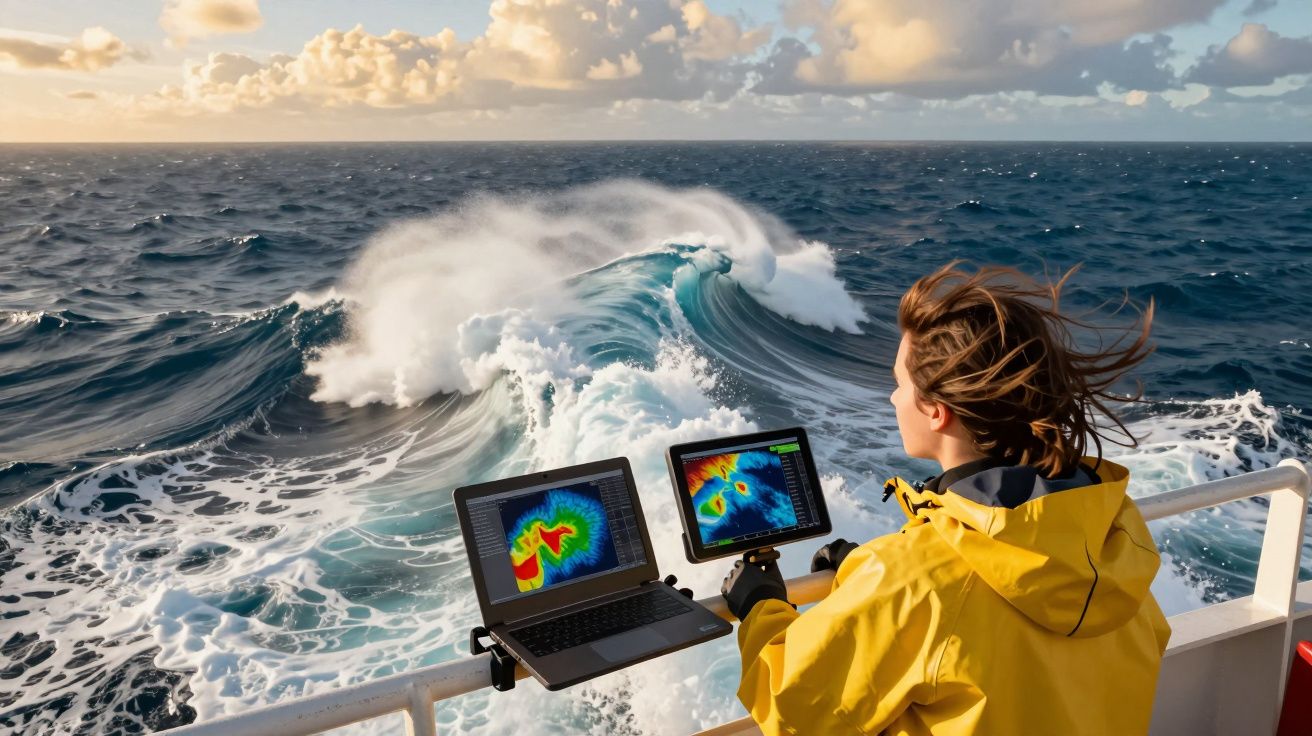 Pessoa com casaco amarelo analisa dados meteorológicos em ecrãs junto ao mar agitado ao entardecer.