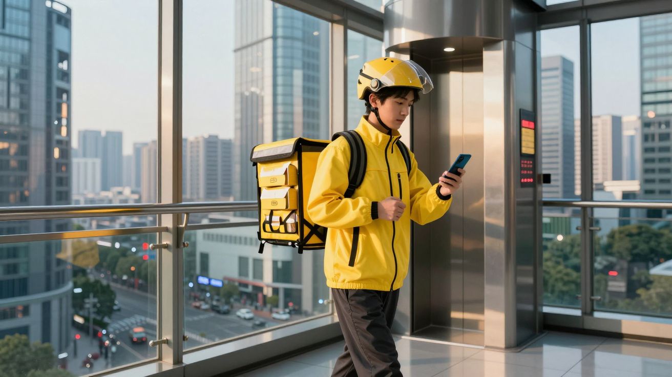 Estafeta de entrega urbana com capacete e fato amarelo verifica telemóvel num edifício moderno com vista para a cidade.