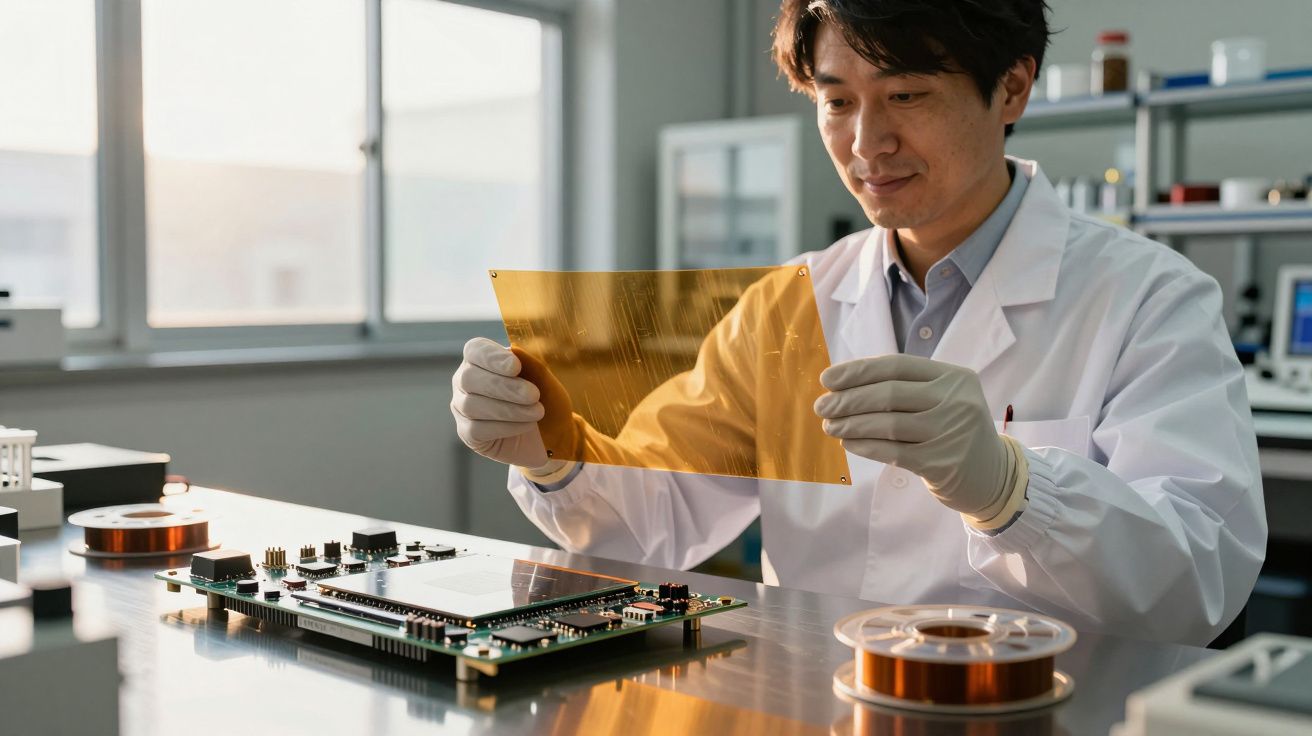 Homem com bata branca e luvas analisa placa eletrónica e tira fólios laranja num laboratório moderno.