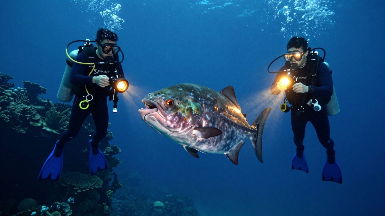 Dois mergulhadores com lanternas iluminam um grande peixe na água do mar profundo.