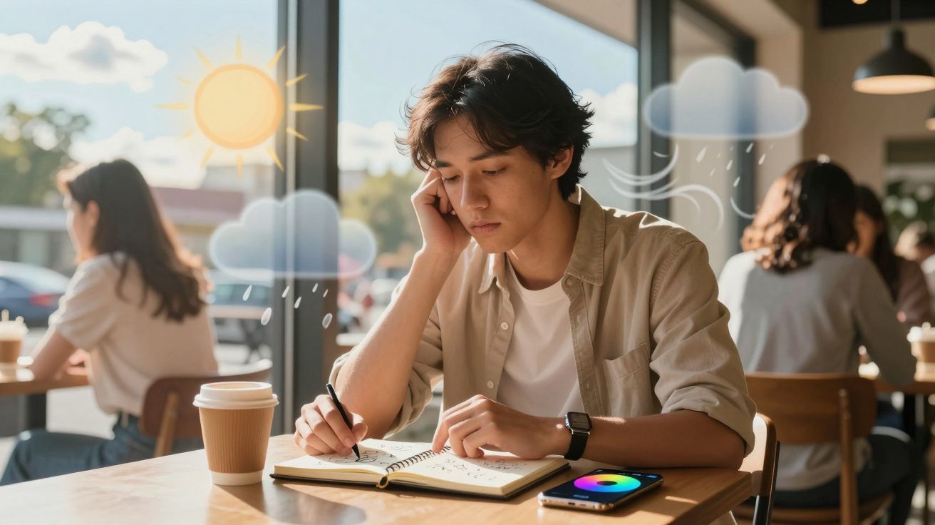 Jovem sentado numa cafeteria escrevendo num caderno com desenhos do sol, nuvens e chuva na janela atrás.