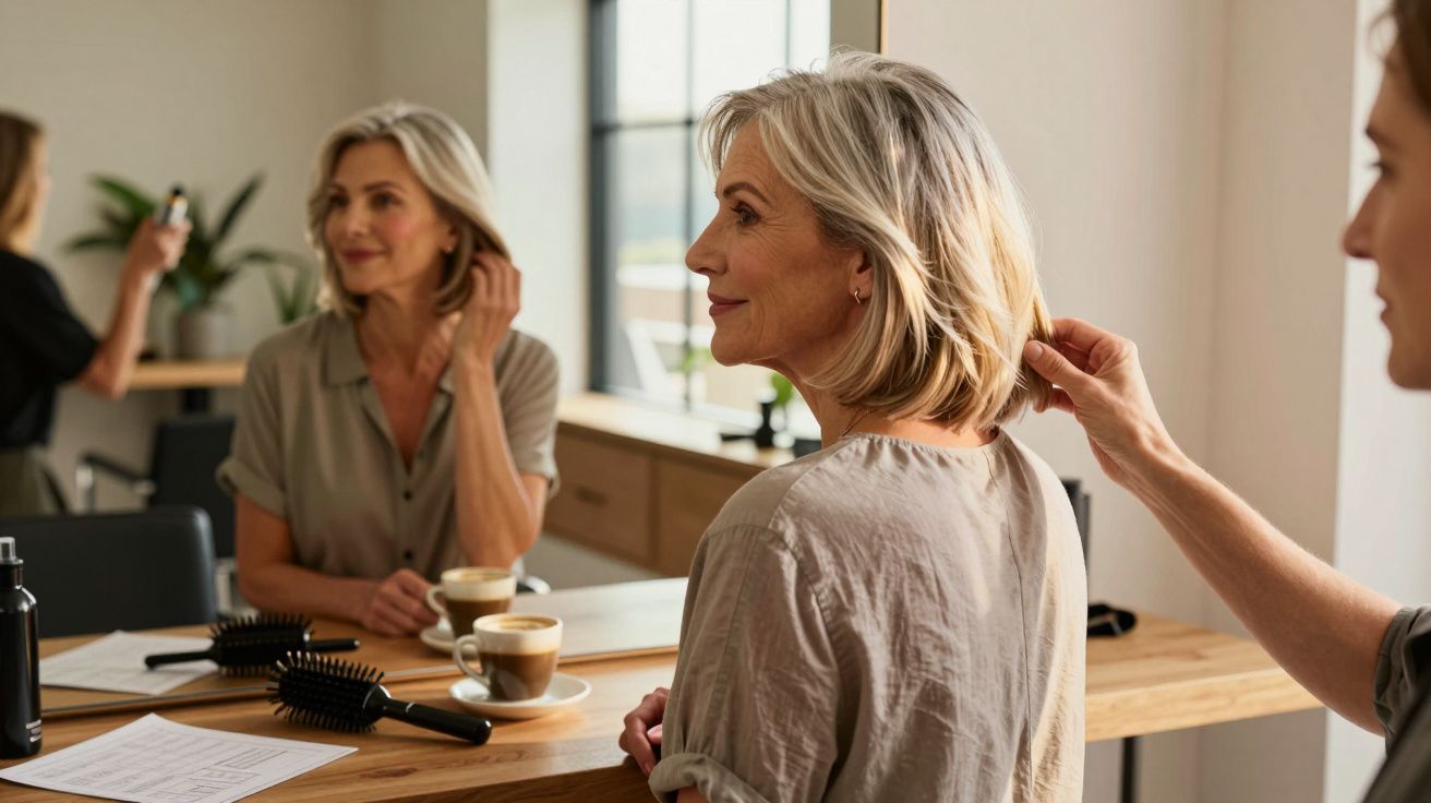 Mulher de cabelos grisalhos sentada em frente a um espelho, a ser penteada num salão iluminado.