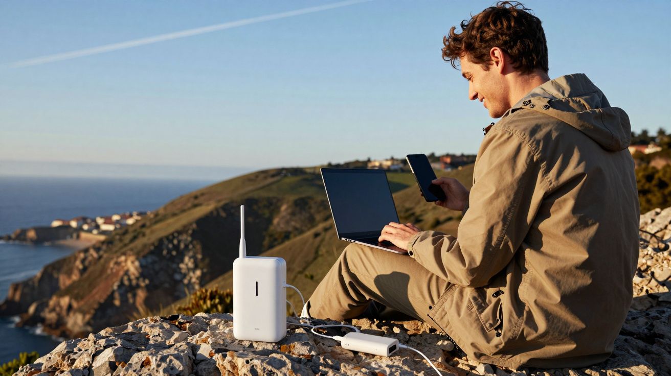 Homem sentado numa rocha junto ao mar a usar portátil e smartphone com antena de internet portátil.