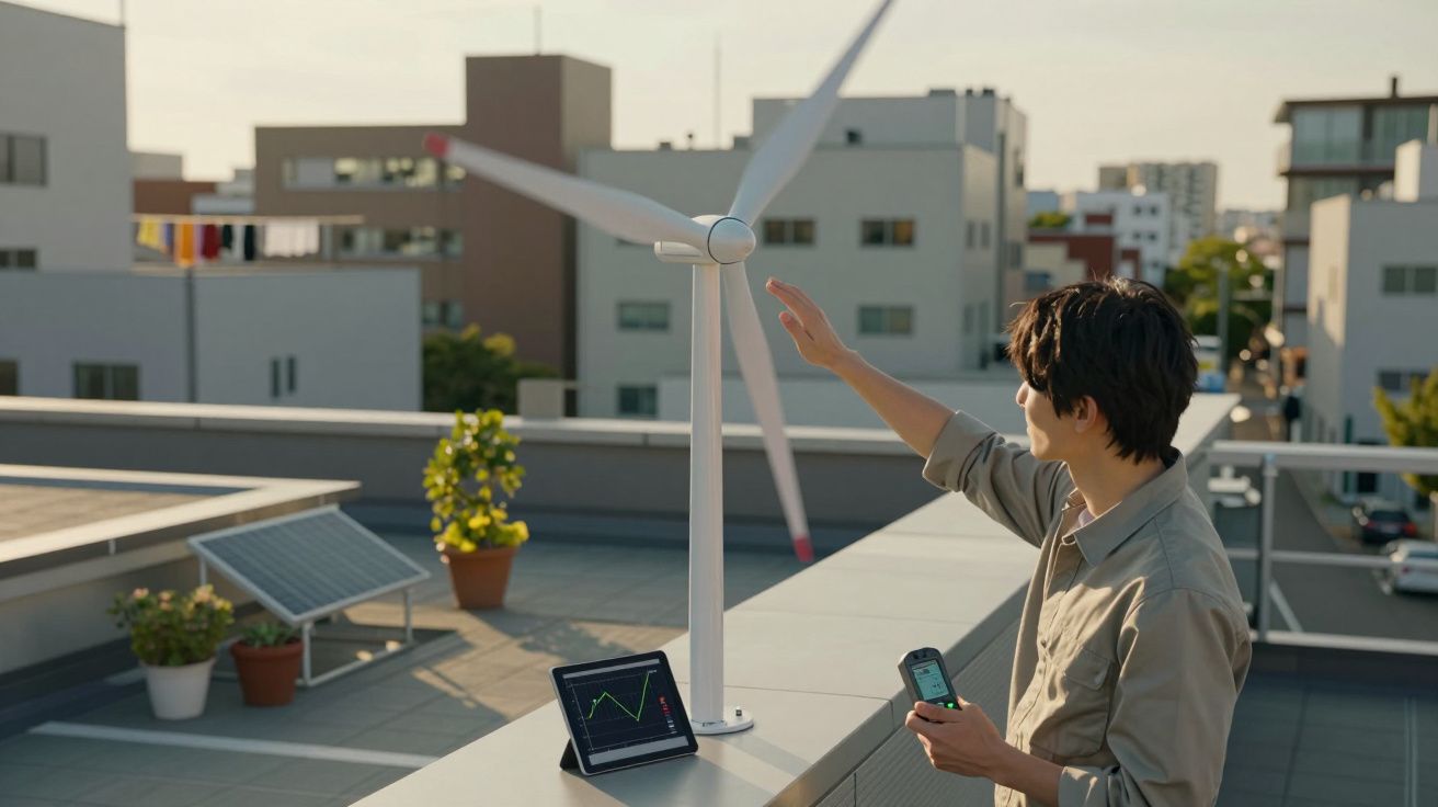 Homem jovem analisa modelo de turbina eólica num telhado urbano com painéis solares e tablet.